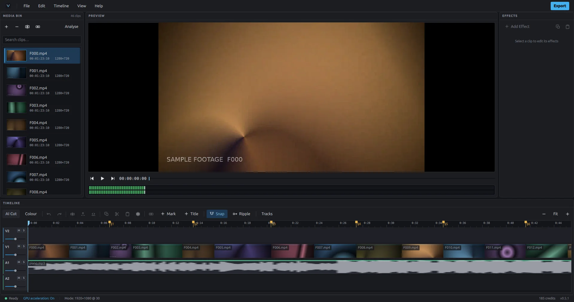 The Vantacut editor: Media Bin with 45 sample clips on the left, the preview showing a frame of sample footage, the Effects panel on the right, and a 45-shot reel of clips over a music track on the timeline.