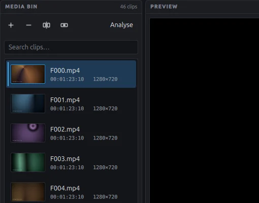 The Media Bin with sample clips listed by name, duration and resolution, the search box, and the toolbar with the Analyse button.